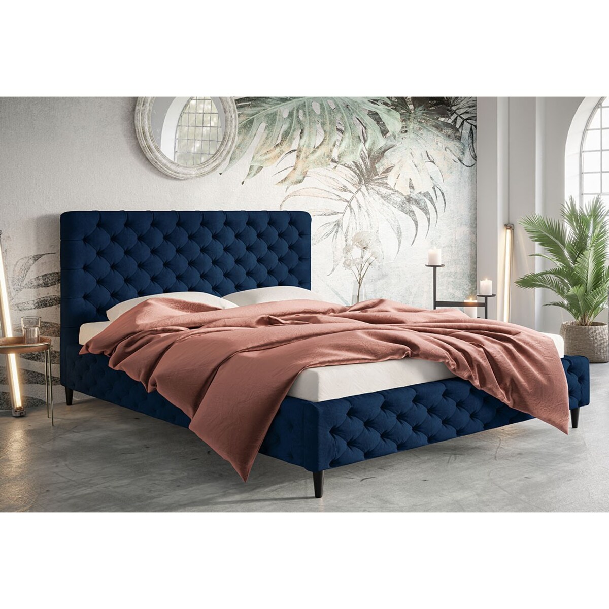 Łóżko tapicerowane 120x200 LUXO 5 pikowane, na drewnianych nogach-granatowe