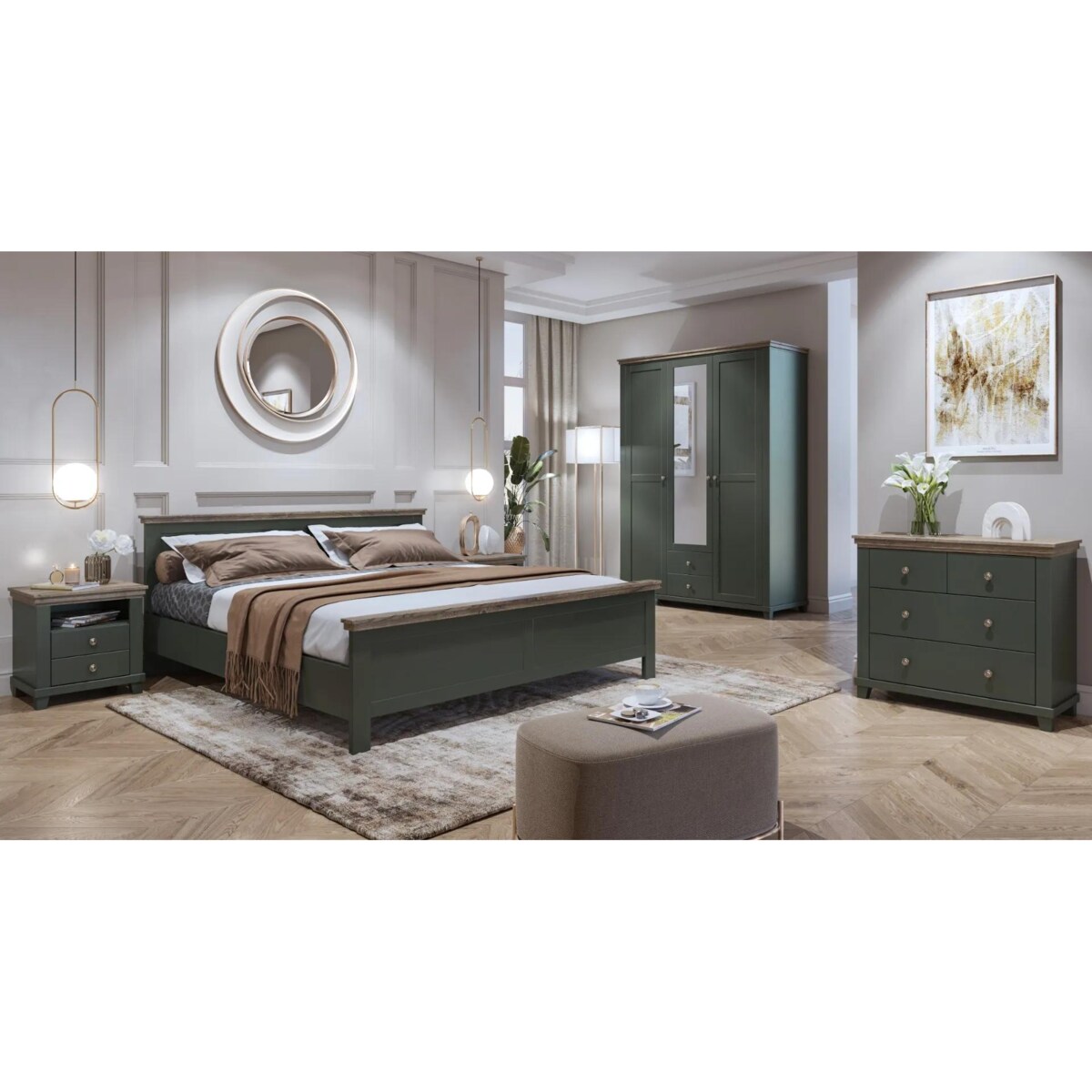 Komoda EVORA 4S 90cm zielona mat/dąb lefkas z szufladami