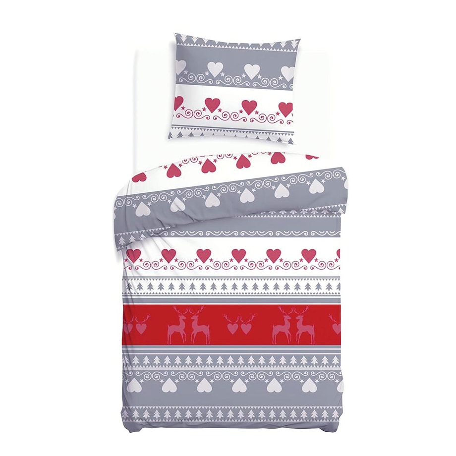 Pościel flanelowa 140x200 Amoria szara w serca i choinki, Flanelove