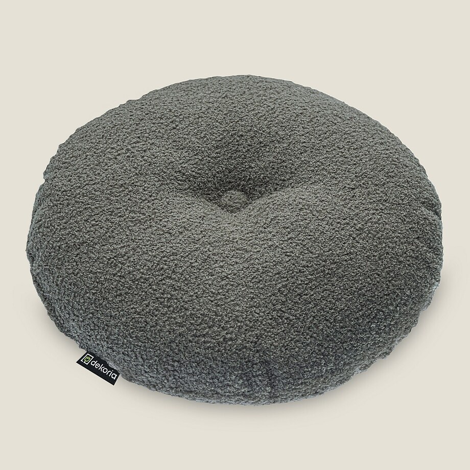Poduszka okrągła z guzikiem, ciemno szara bukla, ⌀37 cm, Boucle Teddy