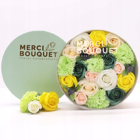 Gotowy Mydlany Bukiet Kwiatowy BOX pudełko żółty zielony PREZENT upominek
