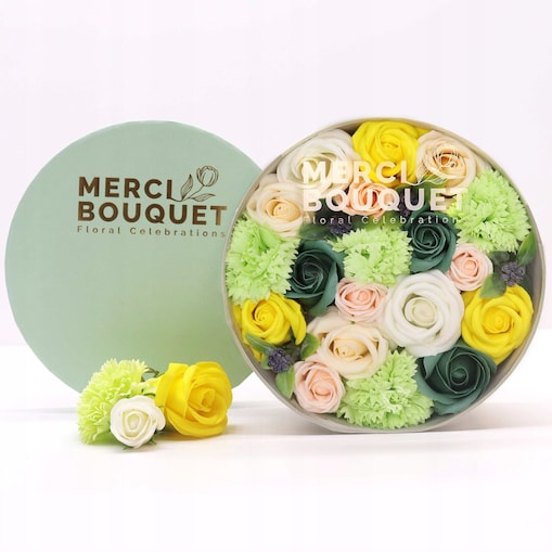 Gotowy Mydlany Bukiet Kwiatowy BOX pudełko żółty zielony PREZENT upominek