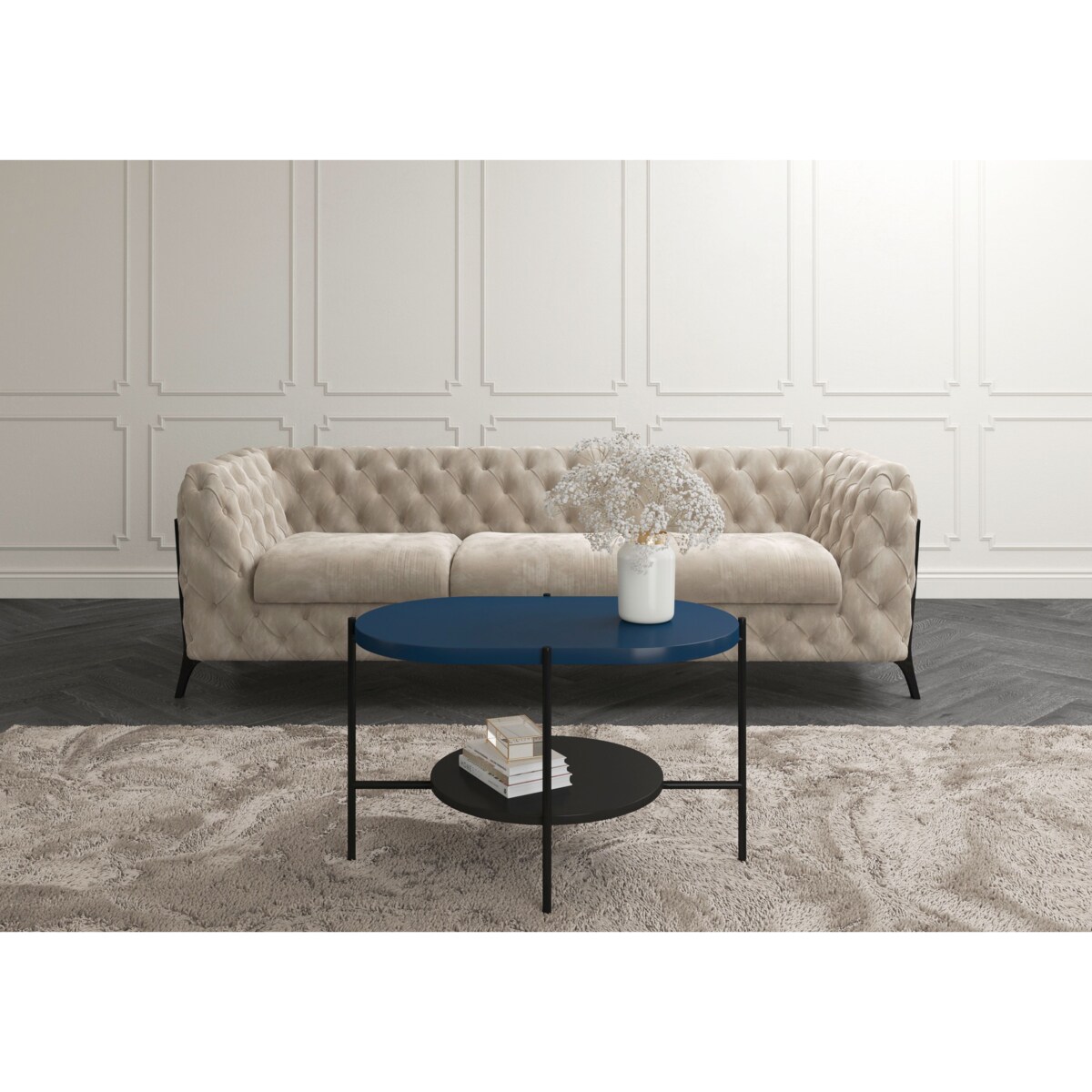 Nowoczesny stolik kawowy Dancan ARENA / czarna podstawa + granatowy i czarny blat