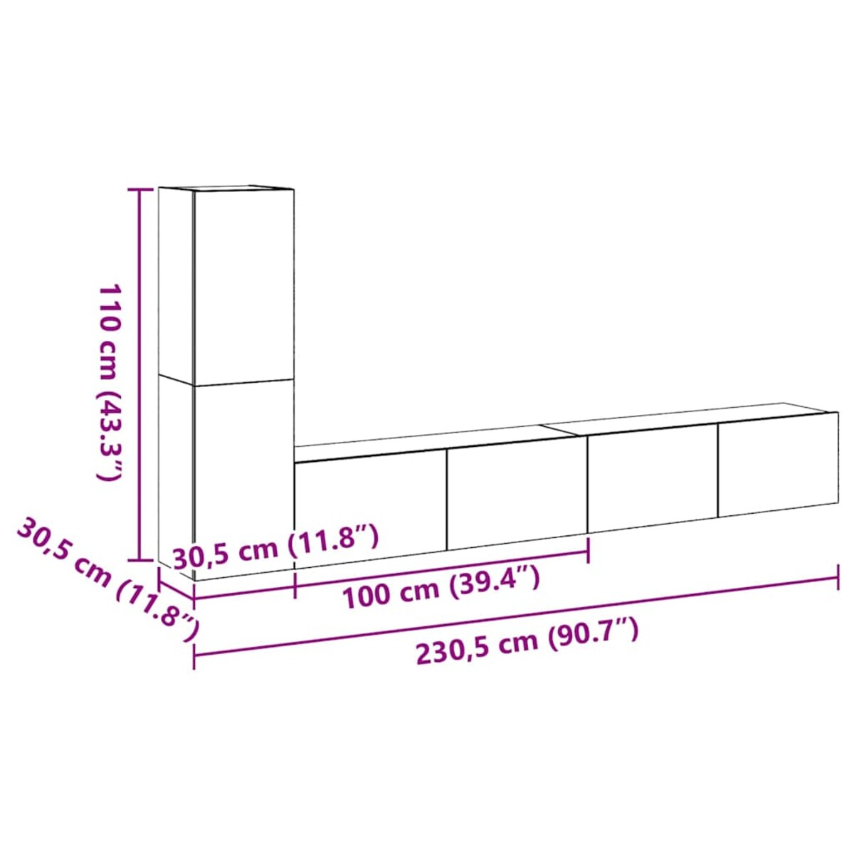 vidaXL Zestaw szafek RTV 3 pcs Czarny dąb 100 x 30 x 30 cm