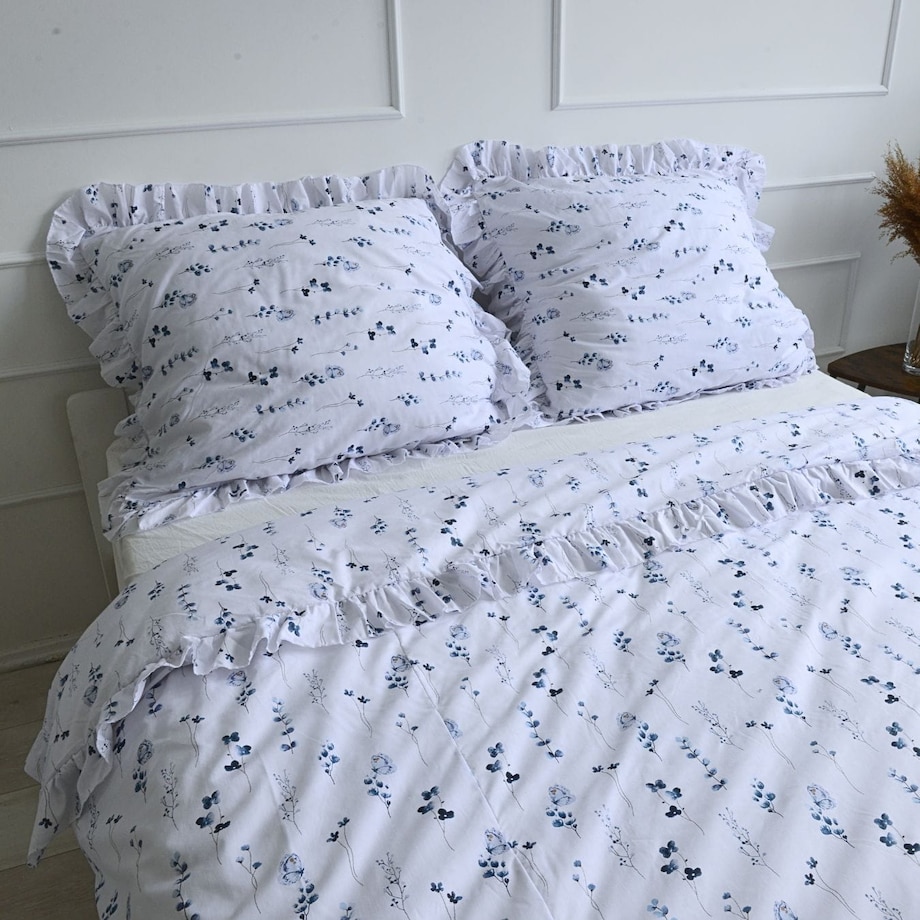 Poszewka Pościel Na Kołdrę Z Falbanką 200X200 Cm Niebieska Łączka