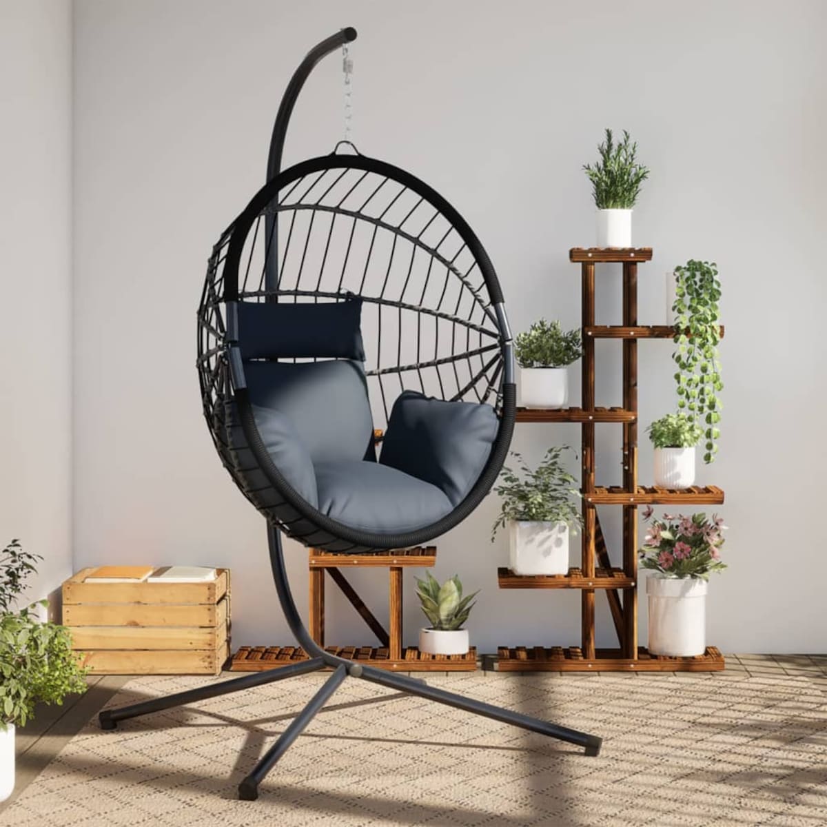 vidaXL Wiszące krzesło kokon ze stojakiem, antracytowe, rattan i stal