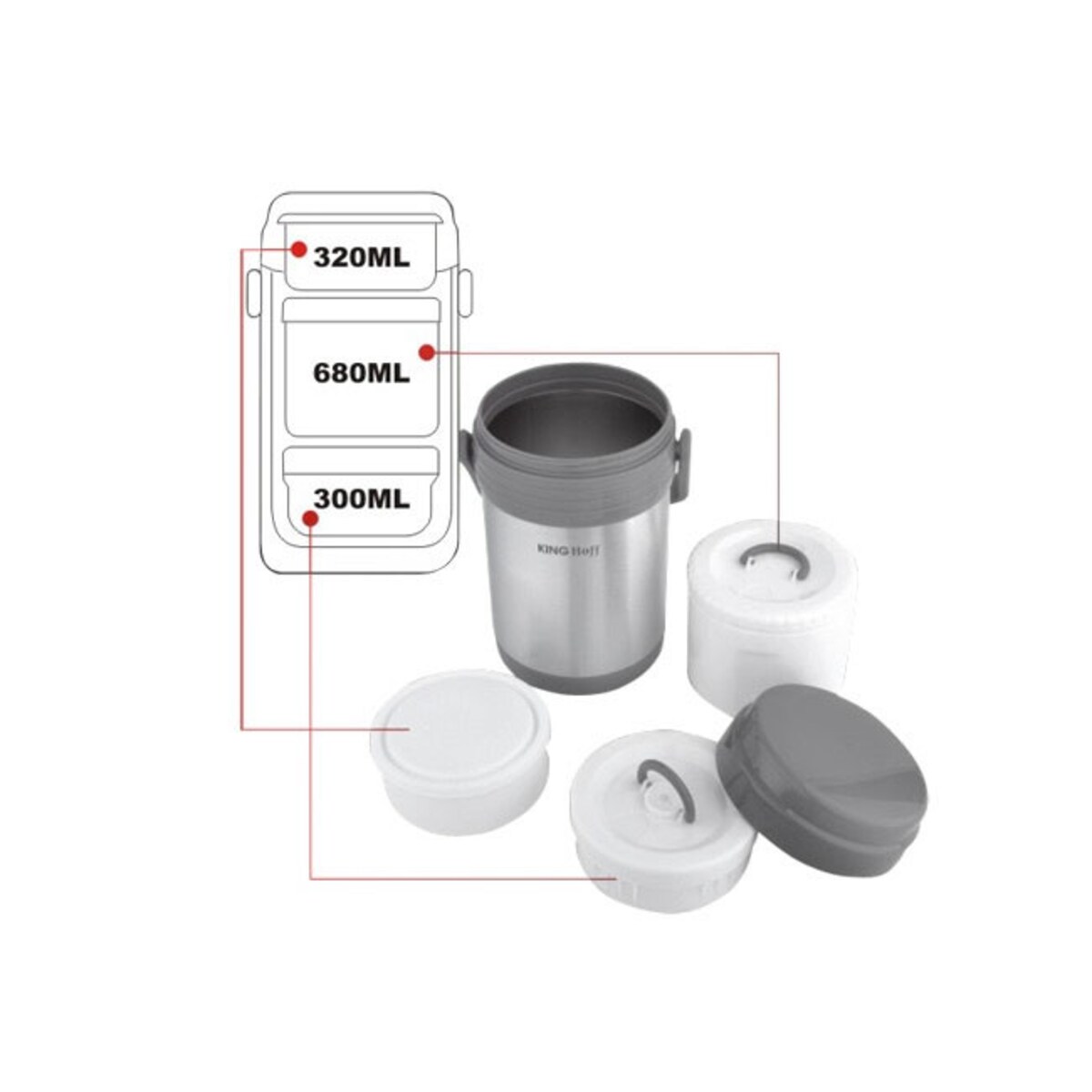 Termos obiadowy 1.5L stalowy z 3 pojemnikami KINGHOFF