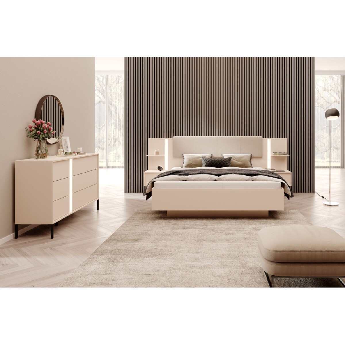 Komoda 6S DASTIN na wysokich nóżkach z oświetleniem LED beżowa