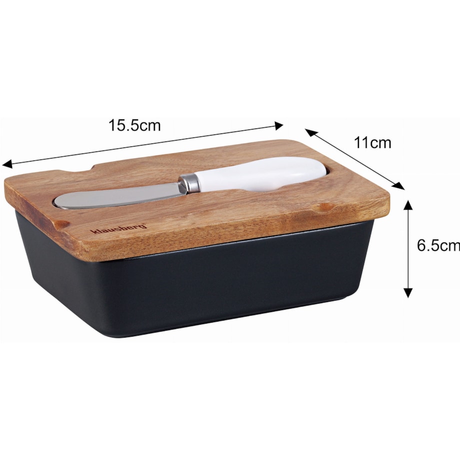 Porcelanowa maselniczka czarna maselnica z nożykiem do masła pokrywka akacjowa KLAUSBERG