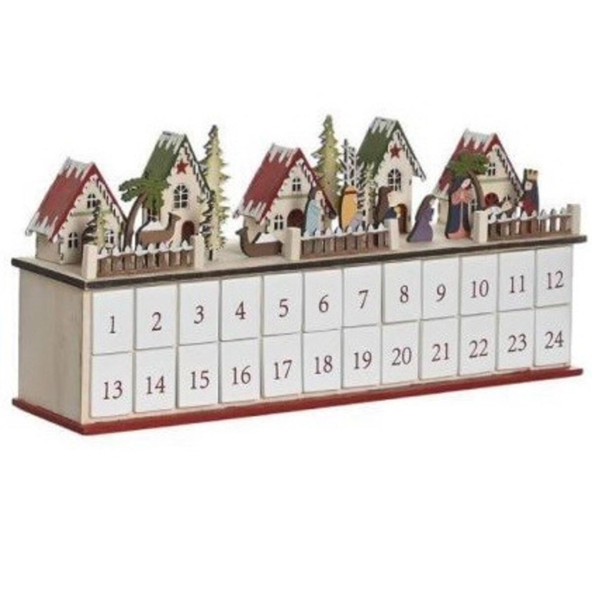 Kalendarz adwentowy LED 23x45x11 cm ze stajenką wśród domków