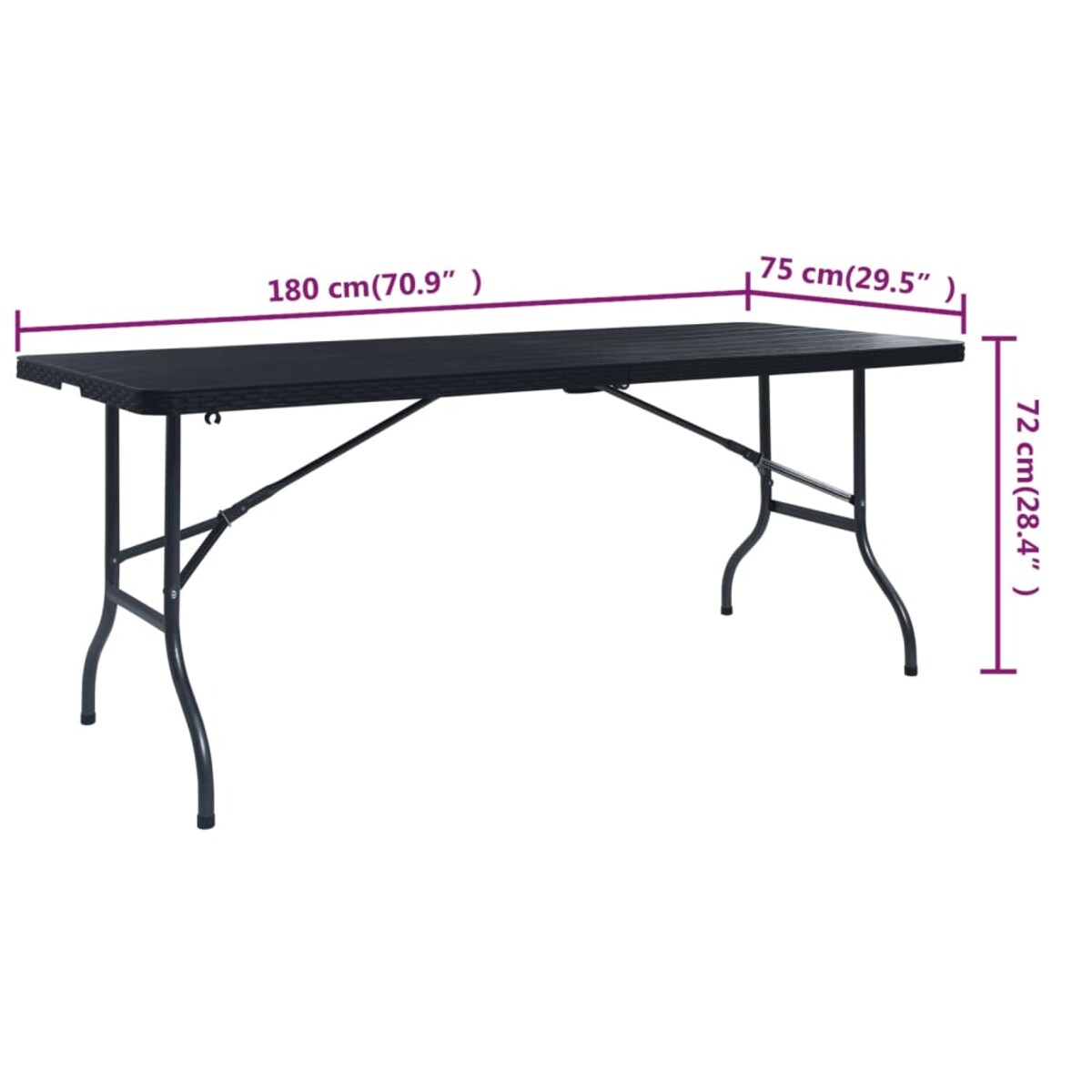 vidaXL Składany stolik, czarny 180x75x72 cm, HDPE, imitacja rattanu