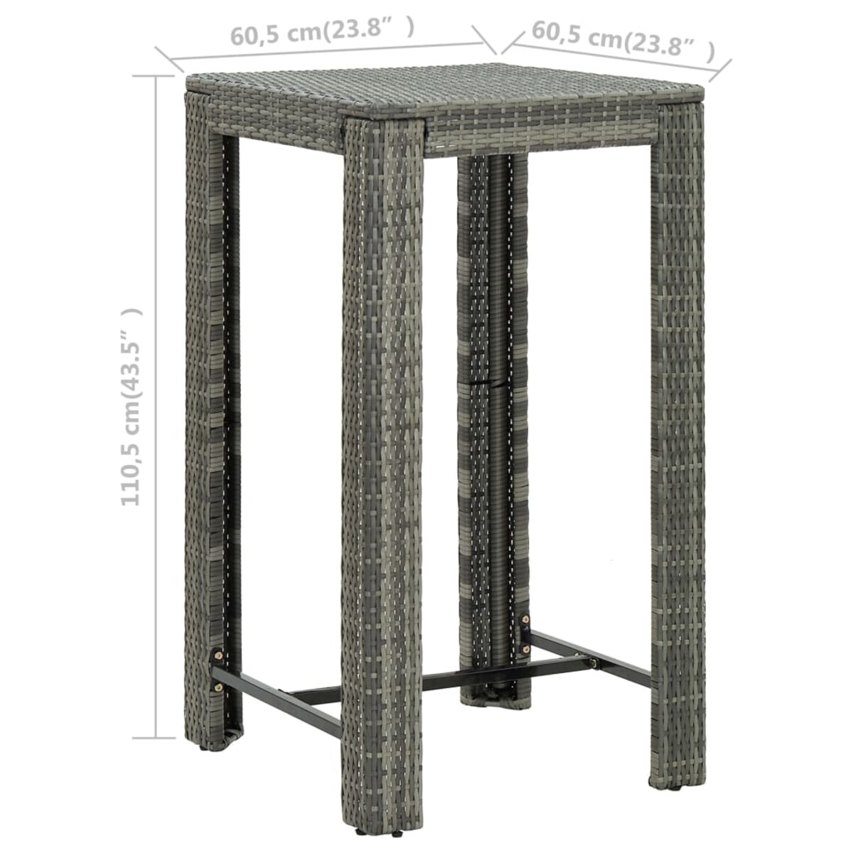 vidaXL Ogrodowy stolik barowy, szary, 60,5x60,5x110,5 cm, polirattan