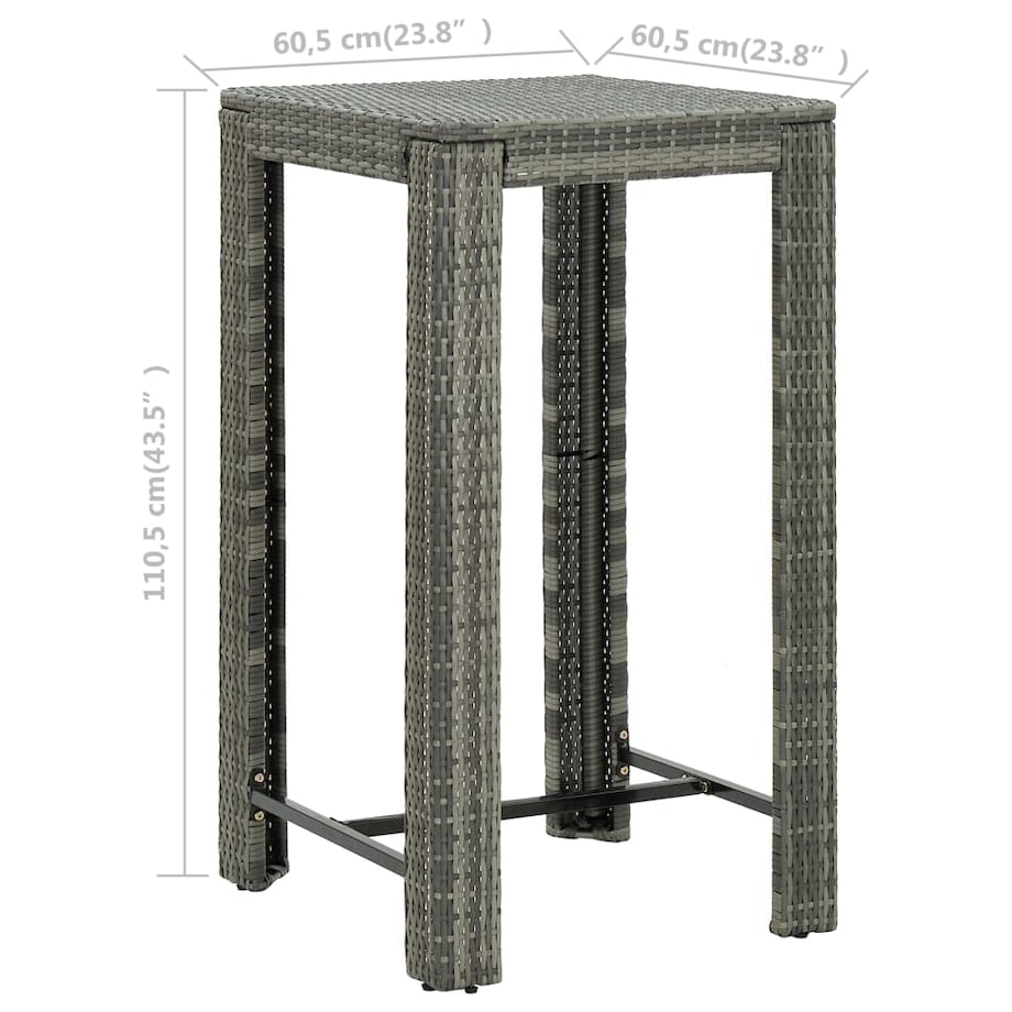 vidaXL Ogrodowy stolik barowy, szary, 60,5x60,5x110,5 cm, polirattan
