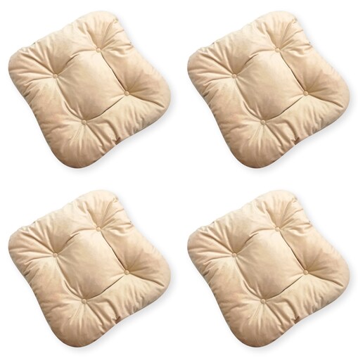Zestaw 4 poduszek na krzesła ogrodowe, dwustronne, pikowane z troczkami, 45x45 cm, Beż