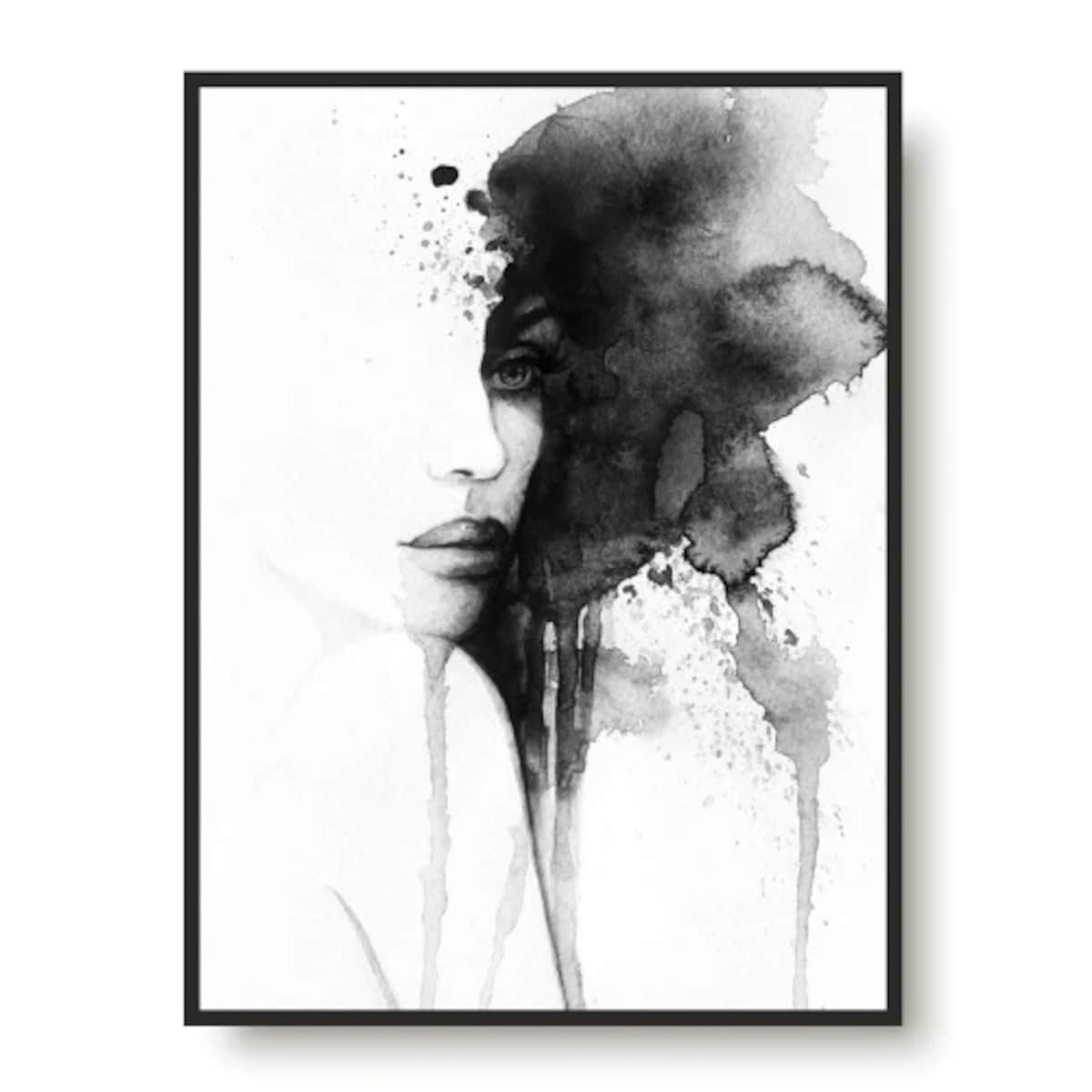 Czarnobiały Plakat Obraz na ścianę Kobieta Akwarela do sypialni salonu