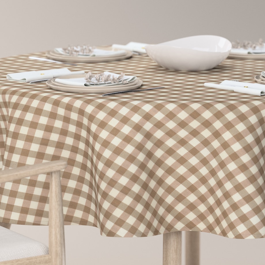 Obrus okrągły 160 x 160 cm beżowo-biała kratka (1,5x1,5cm)