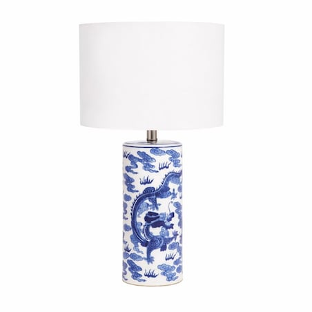 Lampa ceramiczna niebieska na komodę do salonu z białym abażurem MING