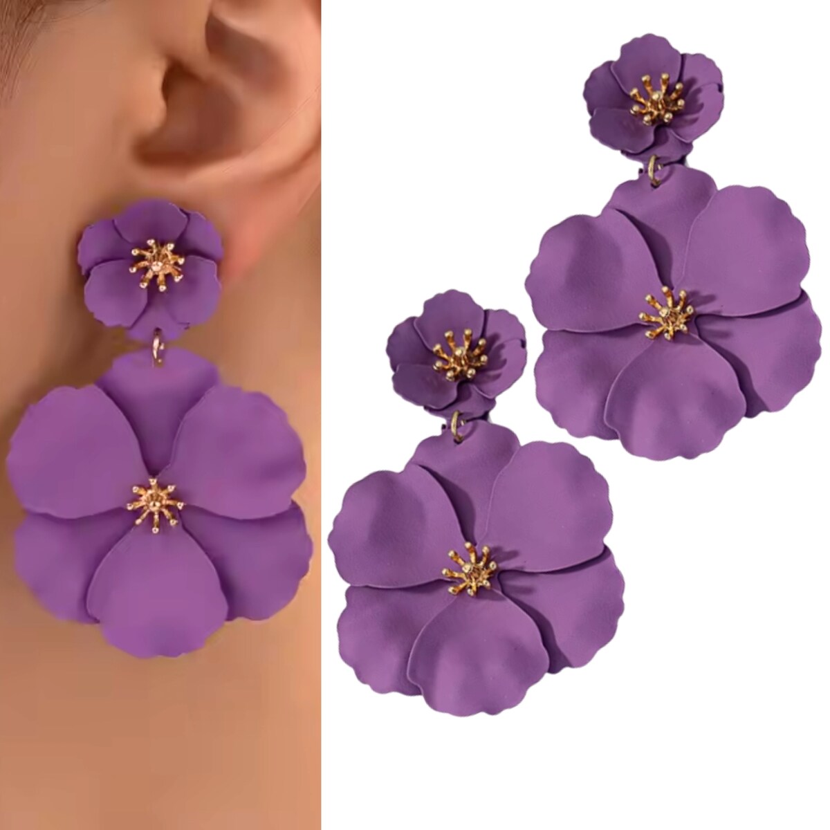 Kolczyki różowe odcień malinowy neonowy kwiaty wiszące TRENDY modne sztyfty