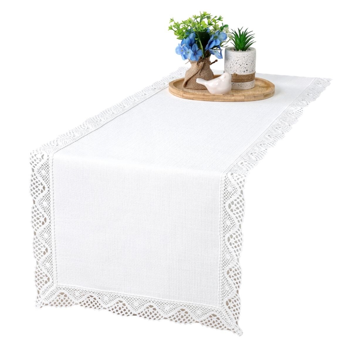 Bieżnik plamoodporny P130 biały z koronką K205 białą - 40x240 cm - biały