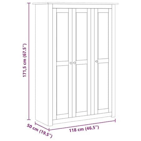 vidaXL Szafa trzydrzwiowa, szara, 118x50x171,5 cm, sosna, seria Panama