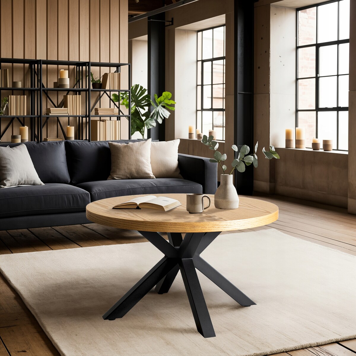 Stolik Kawowy Okrągły Mały Czarny Dąb Złoty Loft Nowoczesny Ława LINCOLN