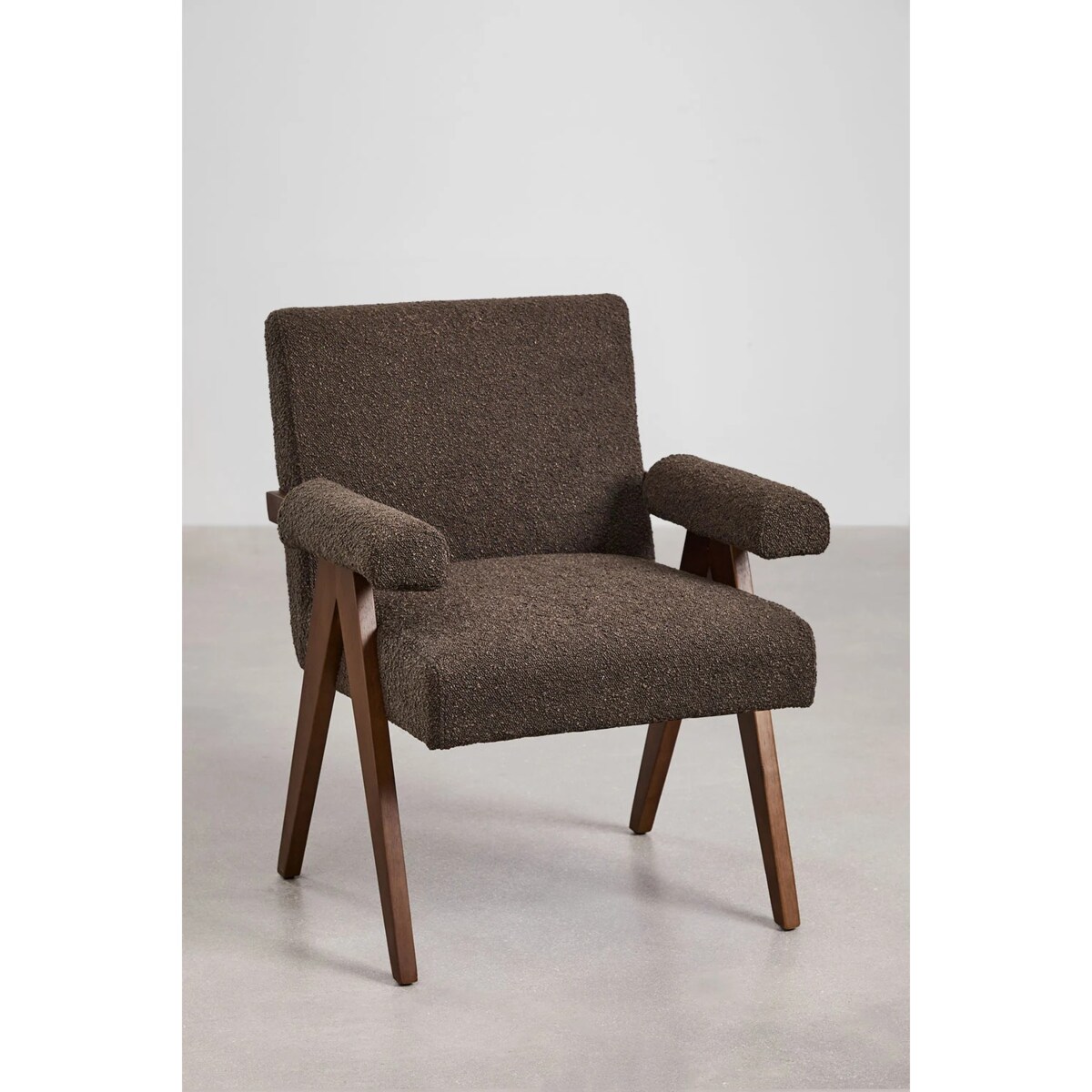 Fotel z podłokietnikami, drewno i tkanina bouclé, Lucca, czekoladowy
