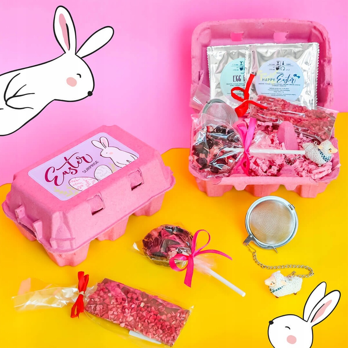 ORYGINALNA PACZKA NA WIELKANOC ZAJĄCZKA - ZESTAW PREZENTOWY HERBATA LIZAK MALINA CZEKOLADKA ZAPARZACZ - PREZENT UPOMINEK DLA KOBIETY FACETA