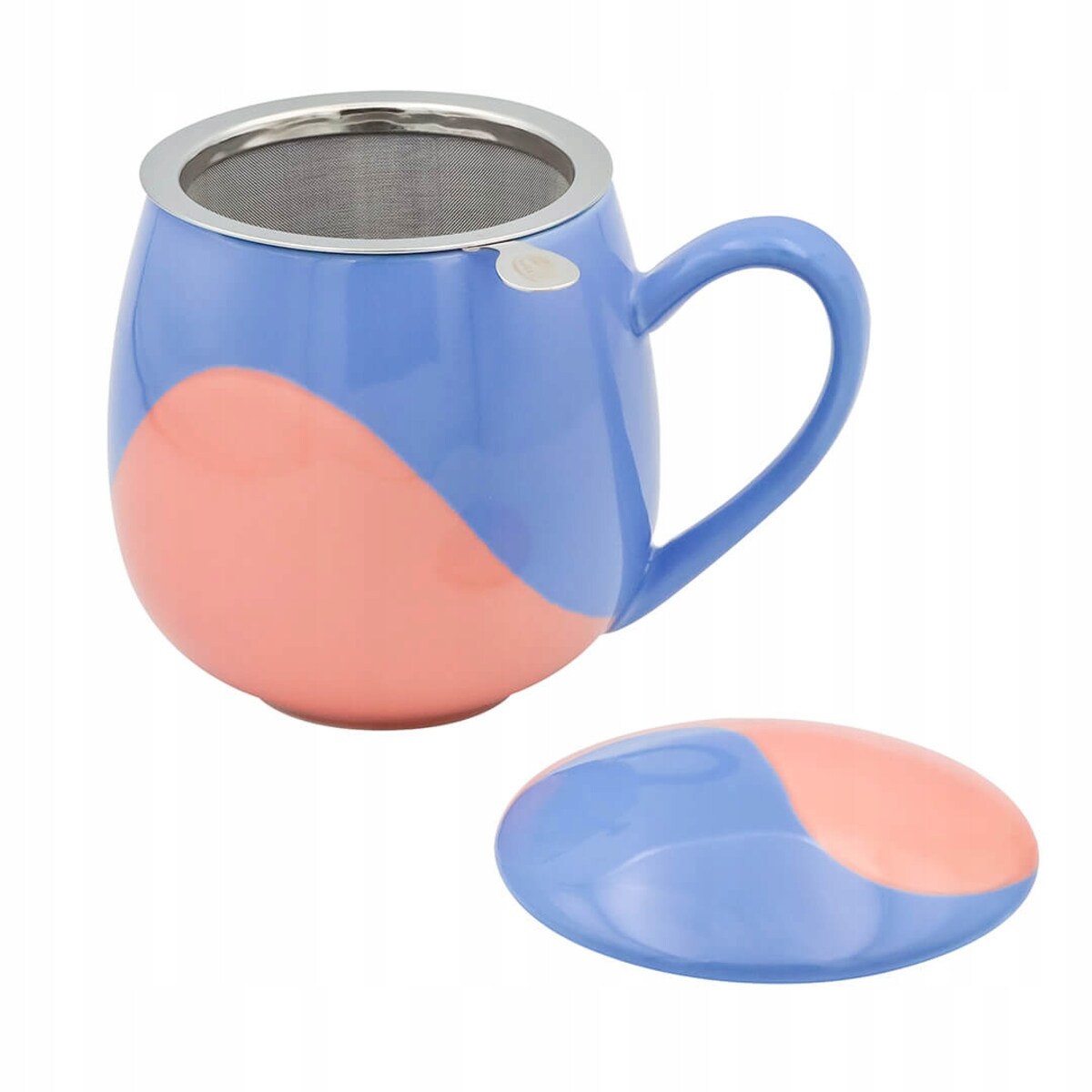 KUBEK PORCELANOWY NA KAWĘ HERBATĘ NIEBIESKO-RÓŻOWY 350ML Z ZAPARZACZEM I POKRYWKĄ PREZENT UPOMINEK DLA KOBIETY MAMY ŻONY BABCI DZIEWCZYNY KOLEŻANKI NIEJ