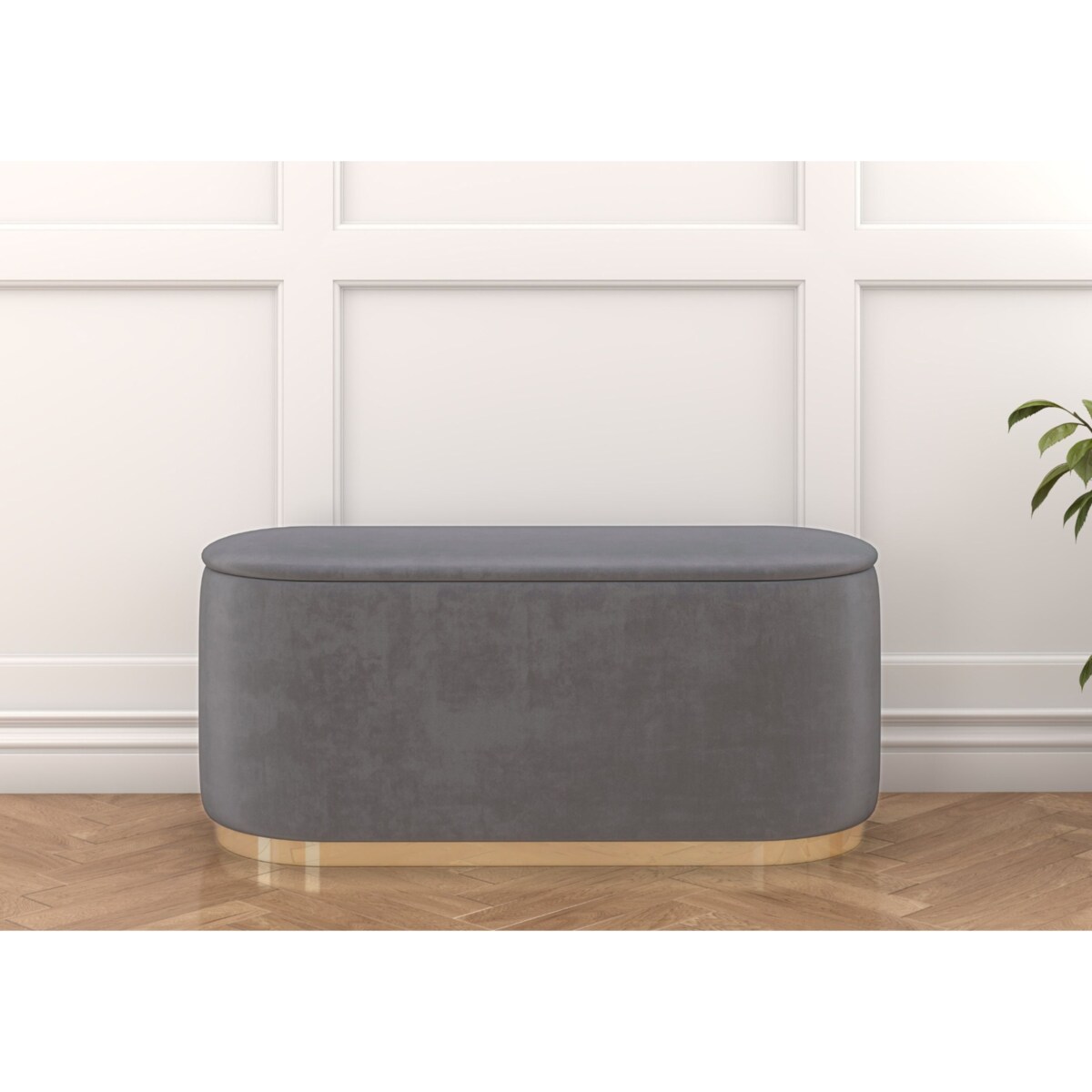 Tapicerowany owalny puf ze schowkiem Dancan SCARLETT na złotej podstawie / szer. 110 cm / jasnoszary