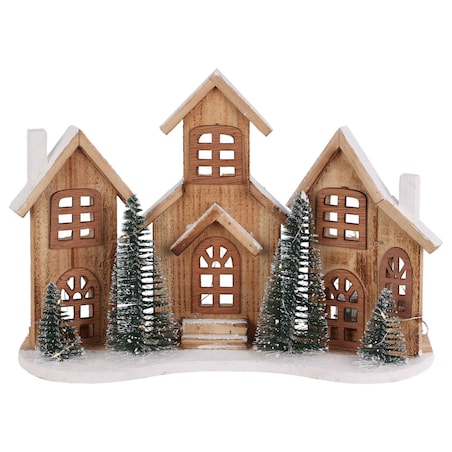 Figurka z drewna jodłowego z LED Domki, 38 x 27 cm