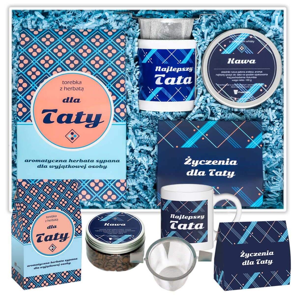 Personalizowany Box dla Taty - kawa smakowa, herbata sypana, kubek, zaparzacz, etykieta z personalizowanym nadrukiem na prezent upominek dla ojca