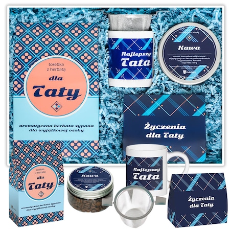 Personalizowany Box dla Taty - kawa smakowa, herbata sypana, kubek, zaparzacz, etykieta z personalizowanym nadrukiem na prezent upominek dla ojca