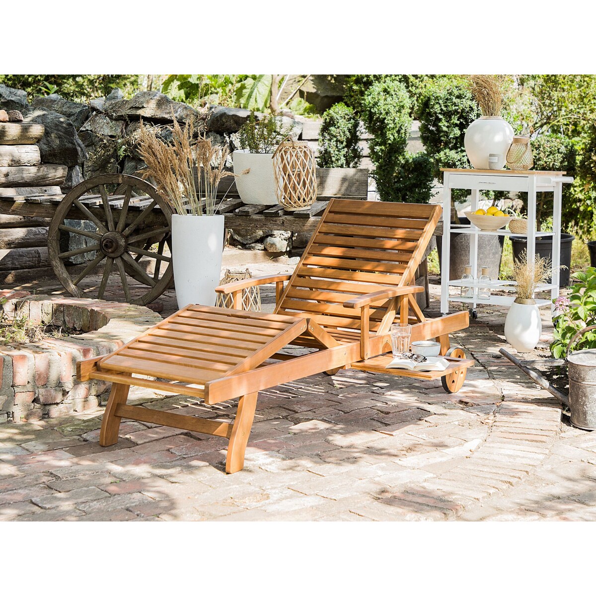 Leżak ogrodowy drewno akacjowe z poduszką niebieską JAVA