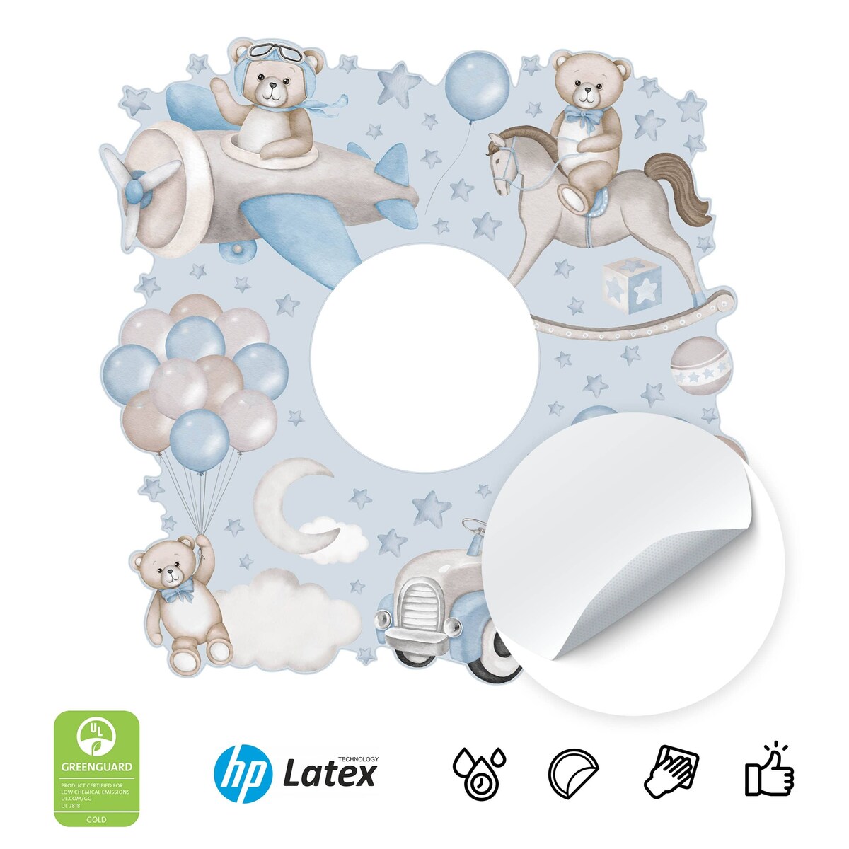 Naklejka Pod Kontakt Dla Dzieci Misie Samochody Balony Gwiazdy Styl Retro 20x20cm