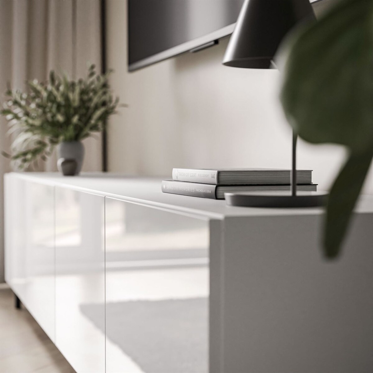 Szafka RTV COLGANTE 200 cm biały połysk nogi czarne plastikowe