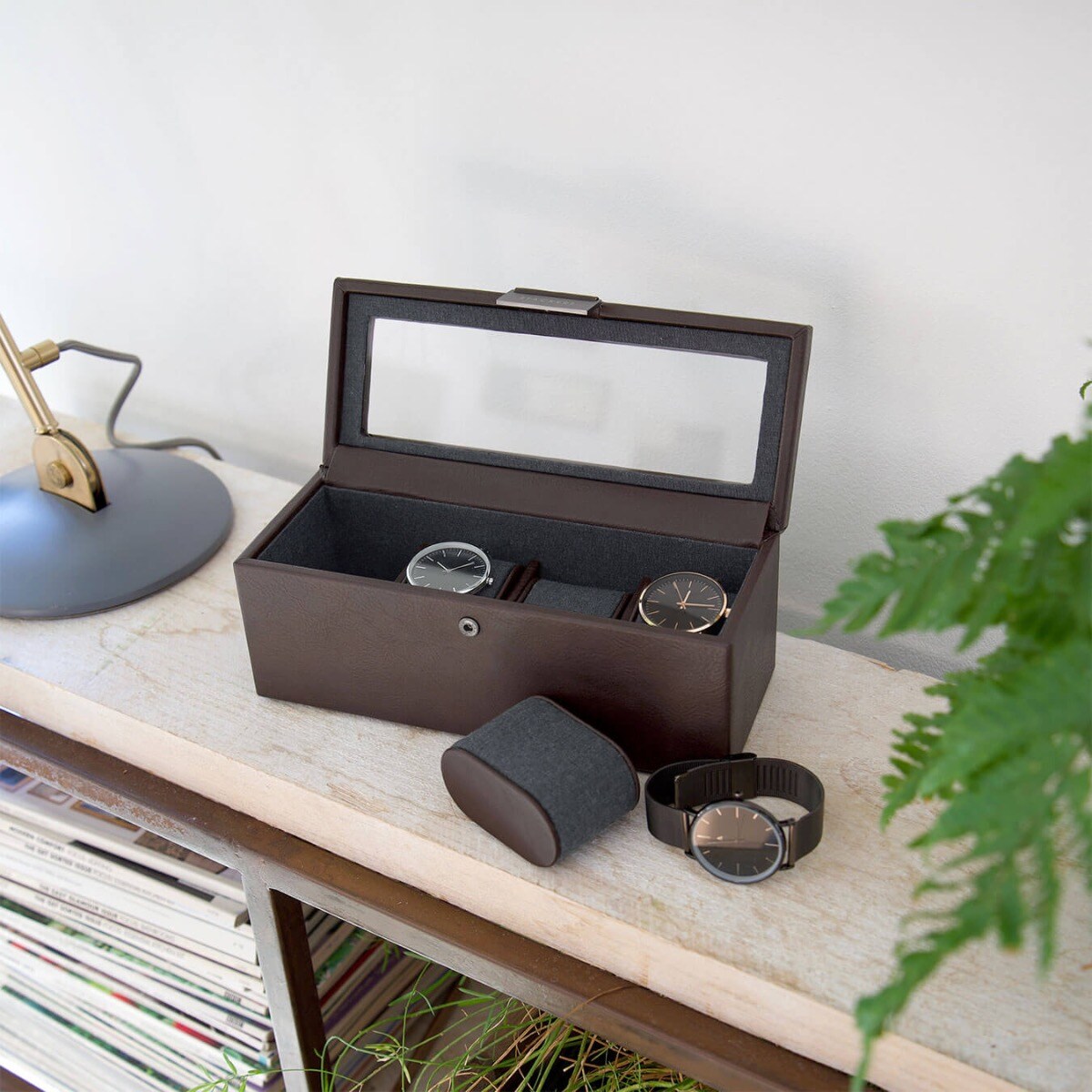 Pudełko na zegarki Stackers czterokomorowe brązowe