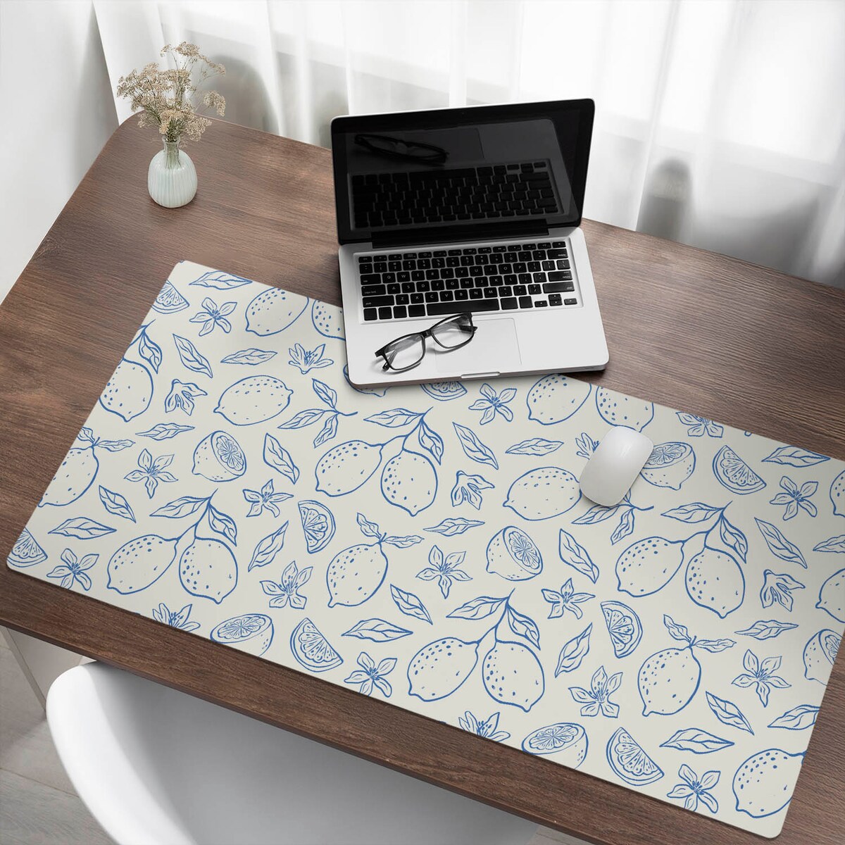 Niebieska mata na biurko Cytrynowy wzór retro, 120x60 cm