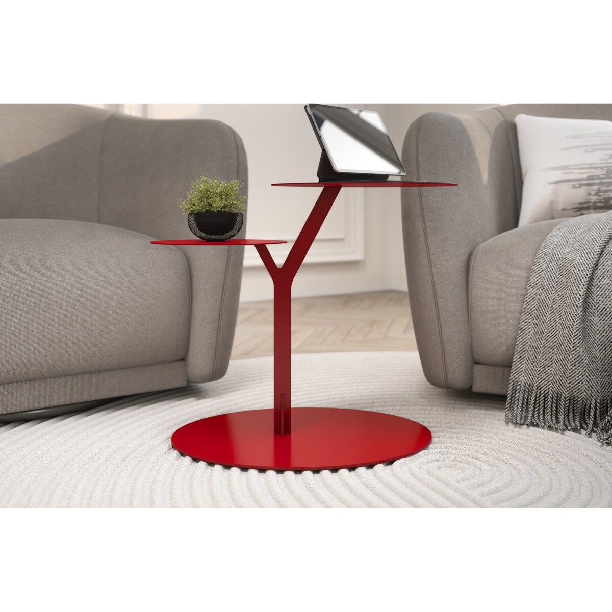 Stolik metalowy dwa blaty, kolor bordowy