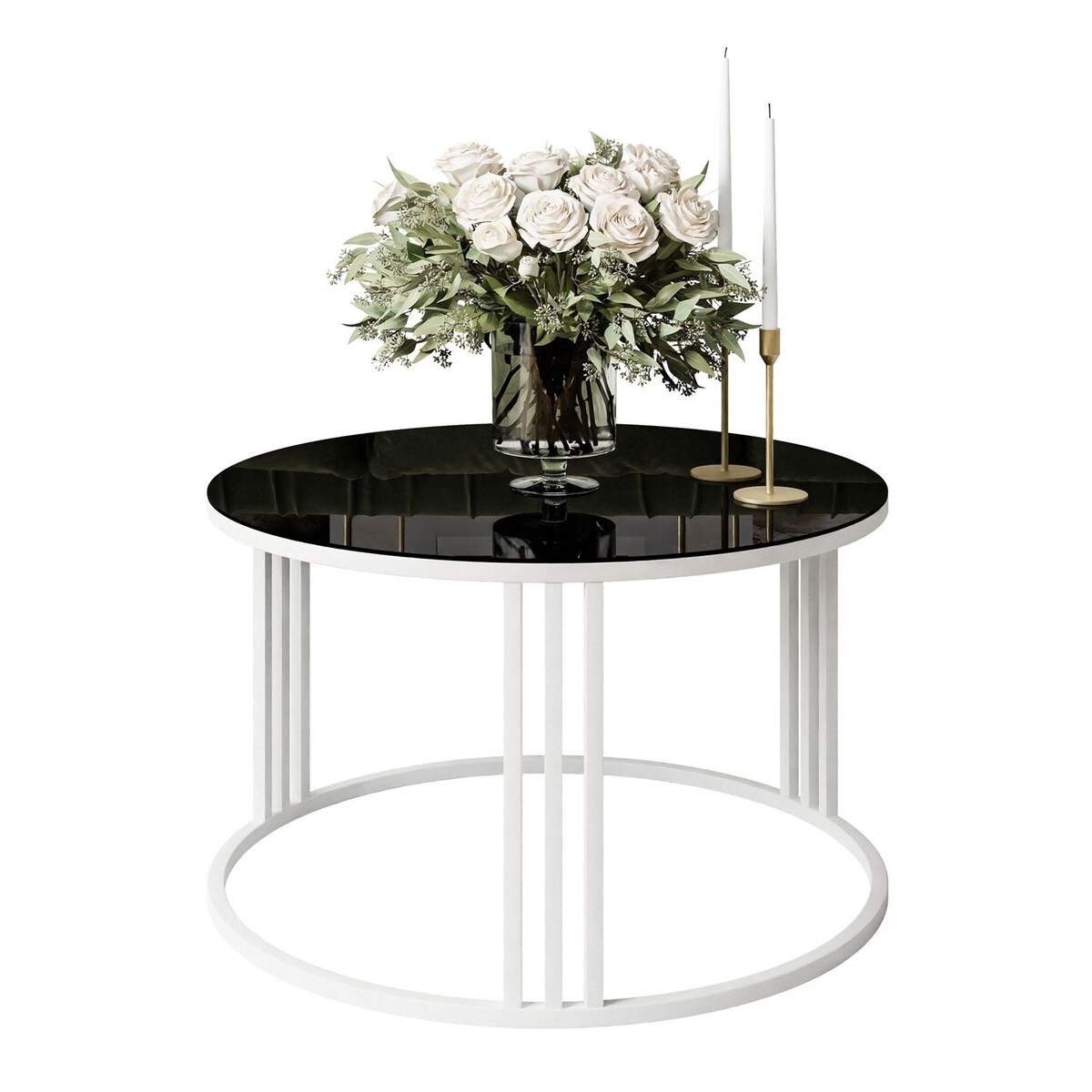 Okrągły stolik kawowy LORI biały czarne szkło