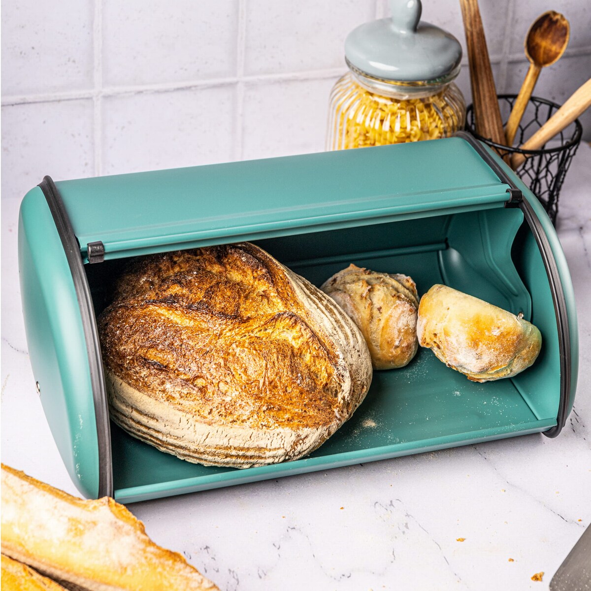 Chlebak stalowy duży 44cm zielony matowy pojemnik na chleb pieczywo bułki KINGHOFF