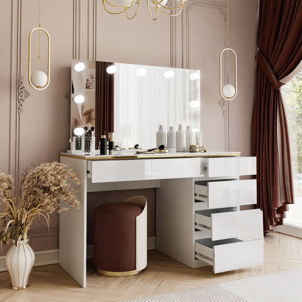 Toaletka AURORA II ELITE z lustrem i oświetleniem biały połysk