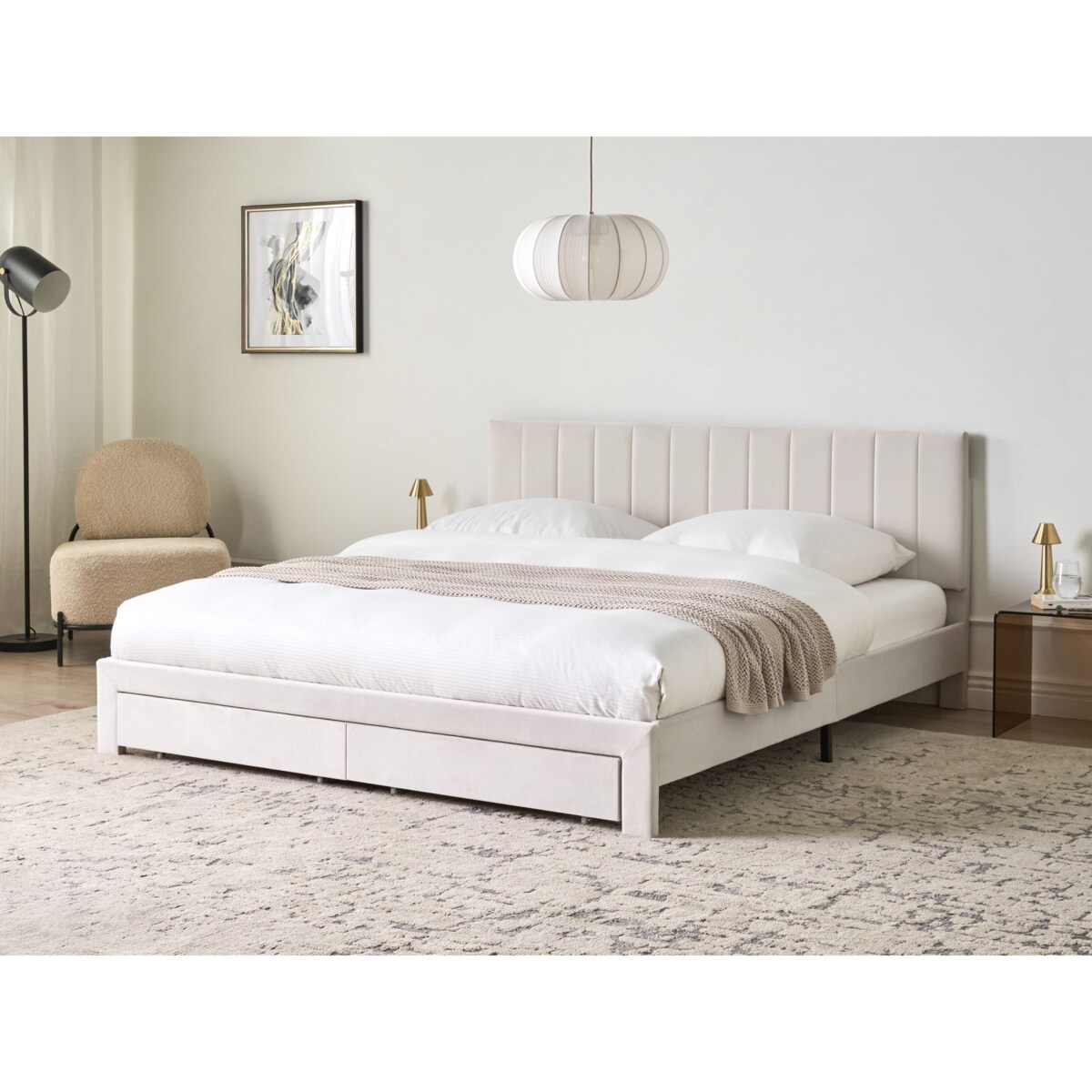 Łóżko z szufladami Welur LONZAC 180 x 200 cm Złamana biel