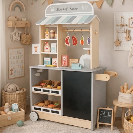 Duży drewniany sklep dla dzieci stragan z akcesoriami do zabawy - warzywniak supermarket XXL