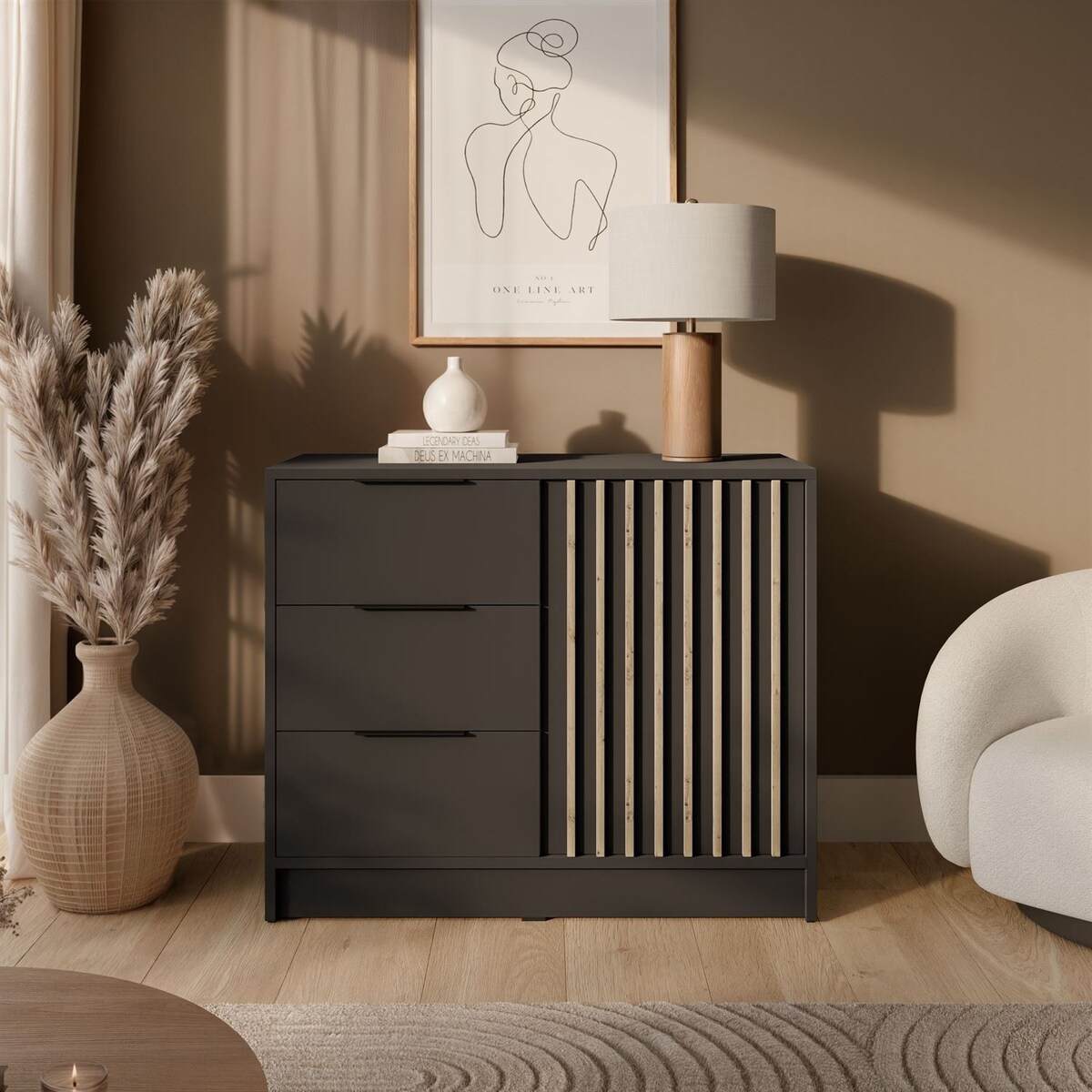 Komoda NELA 1D3S z lamelami, grafit + dąb artisan