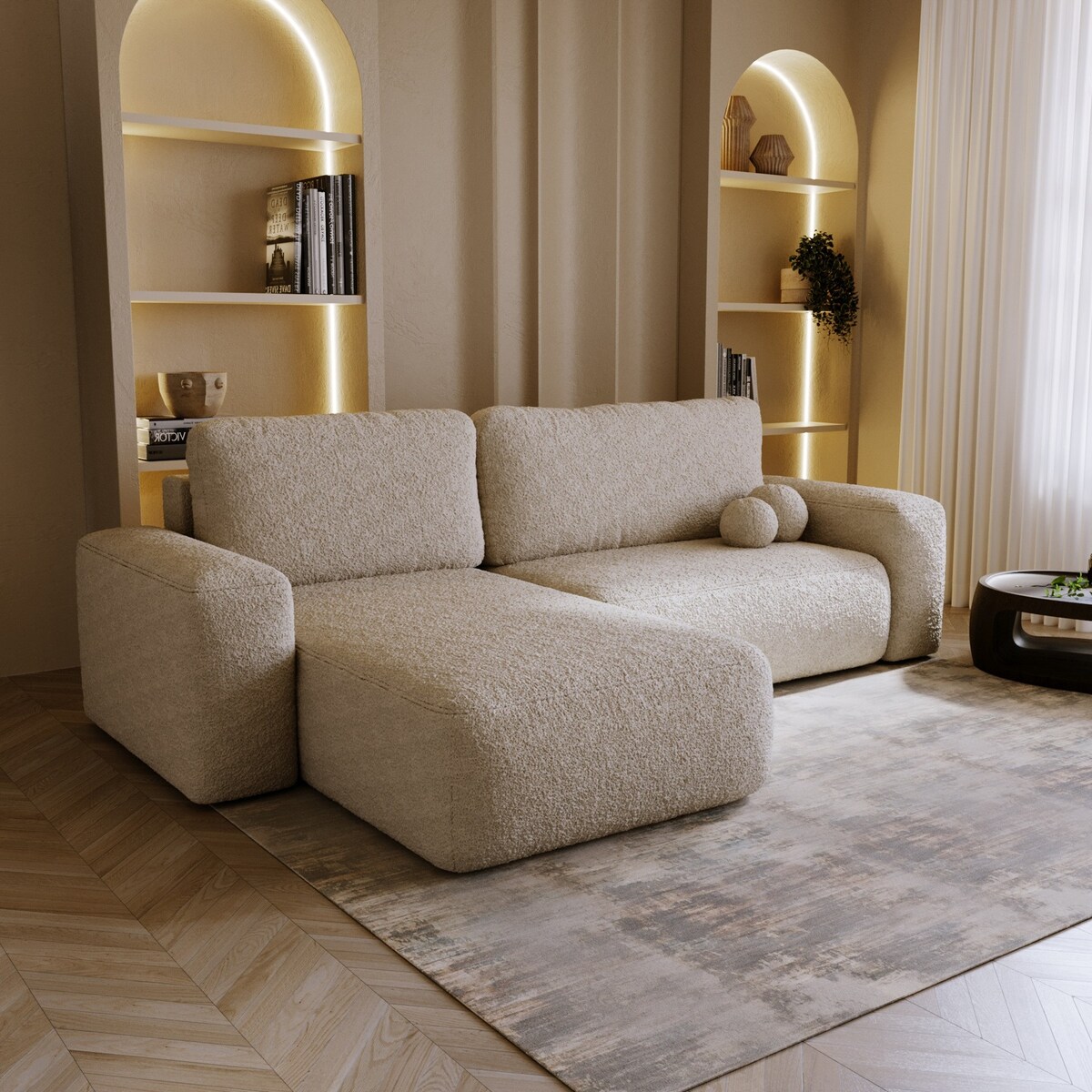 Narożnik Lewy ILO z funkcją spania i pojemnikiem na pościel, jasno-bezowy