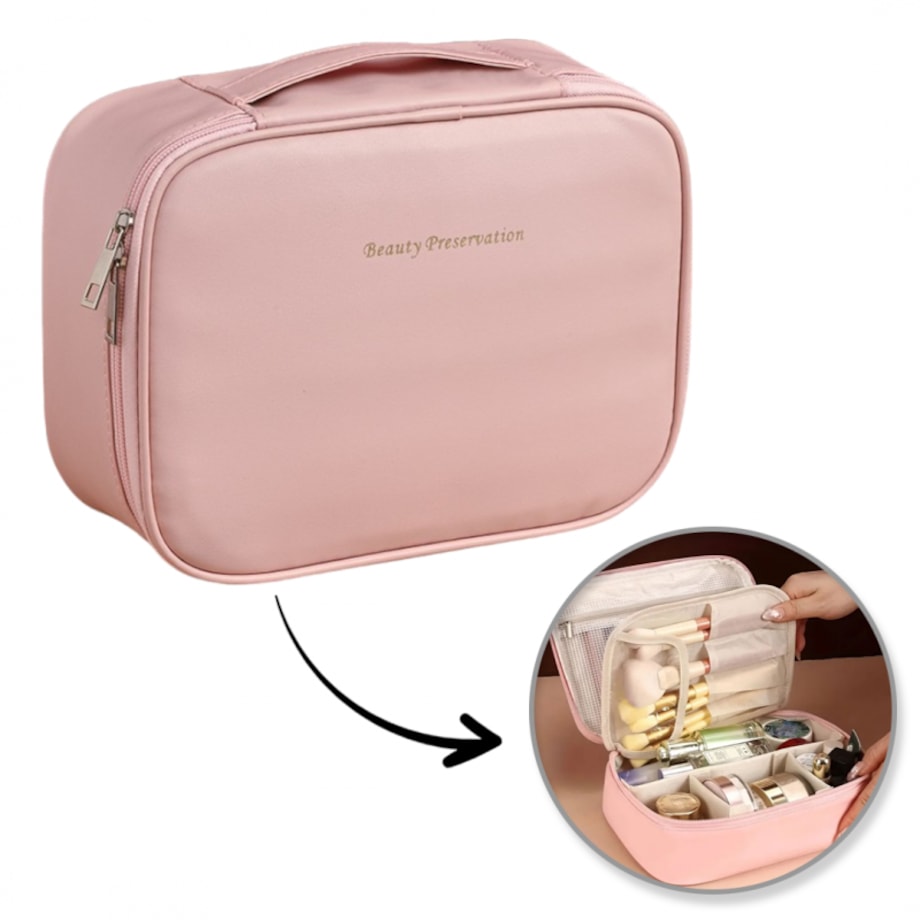 Kosmetyczka rozkładana elegancka kuferek etui z ekoskóry róż KS146R