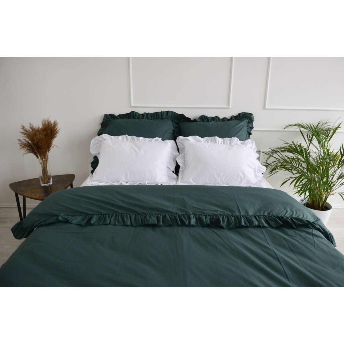 Pościel Bawełniana Z Falbanką Zestaw Komplet Do Sypialni Kołdra + 4 Poduszki 160X200 Butelkowa Zieleń Biel
