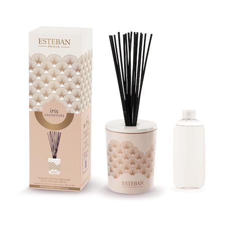 Dyfuzor zapachowy z patyczkami Iris Cachemire + ceramiczna przykrywka, 100 ml, Esteban