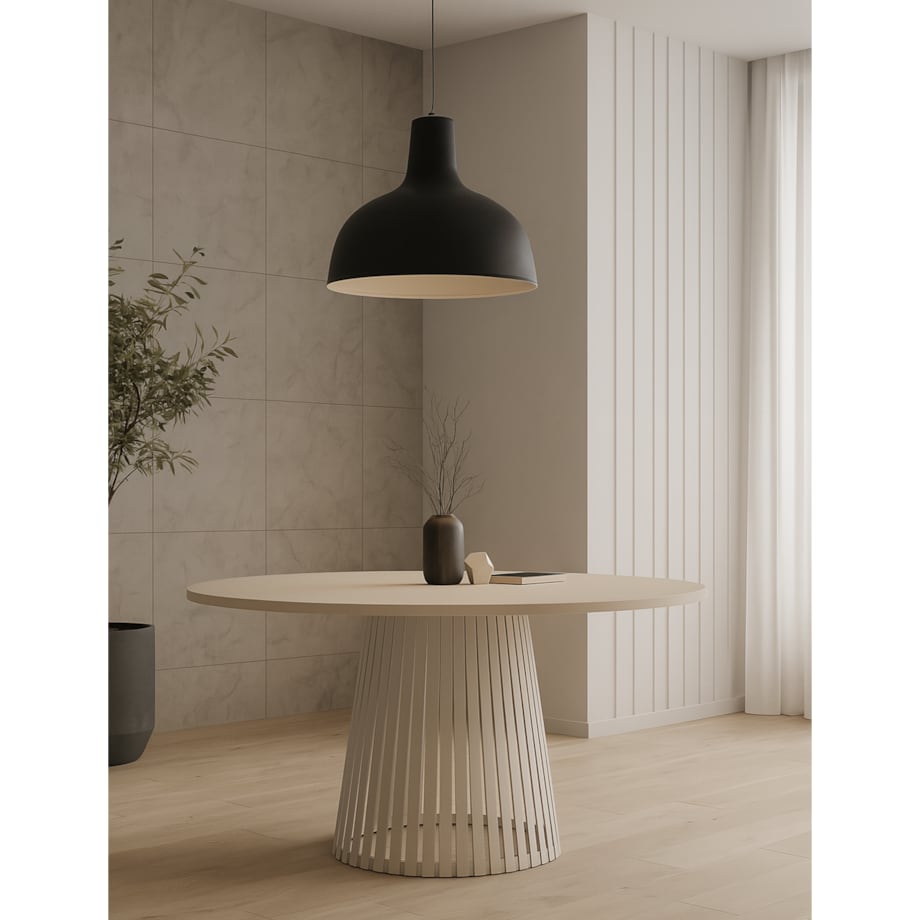 Stół VIV okrągły z lamelami do salonu, blat 90 cm kaszmir -podstawa kaszmir