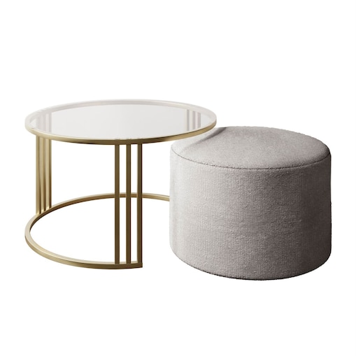Stolik kawowy z pufą LORI GLASS złoto szczotkowane, przezroczyste szkło / Perfect Harmony 82